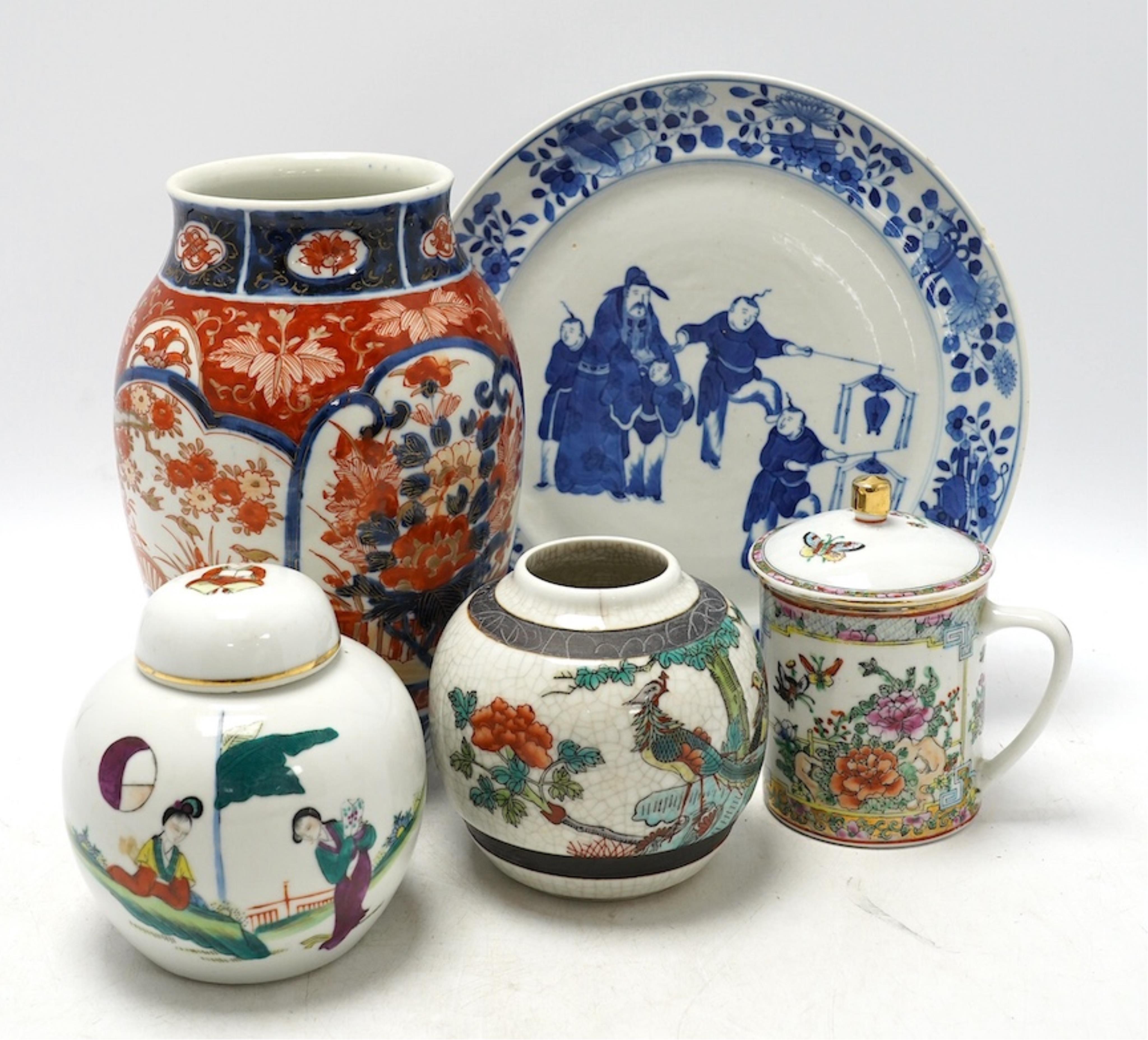 A quantity of Chinese and Japanese ceramics including Kutani, Imari, famille rose etc. tallest 22cm. Condition - fair to good